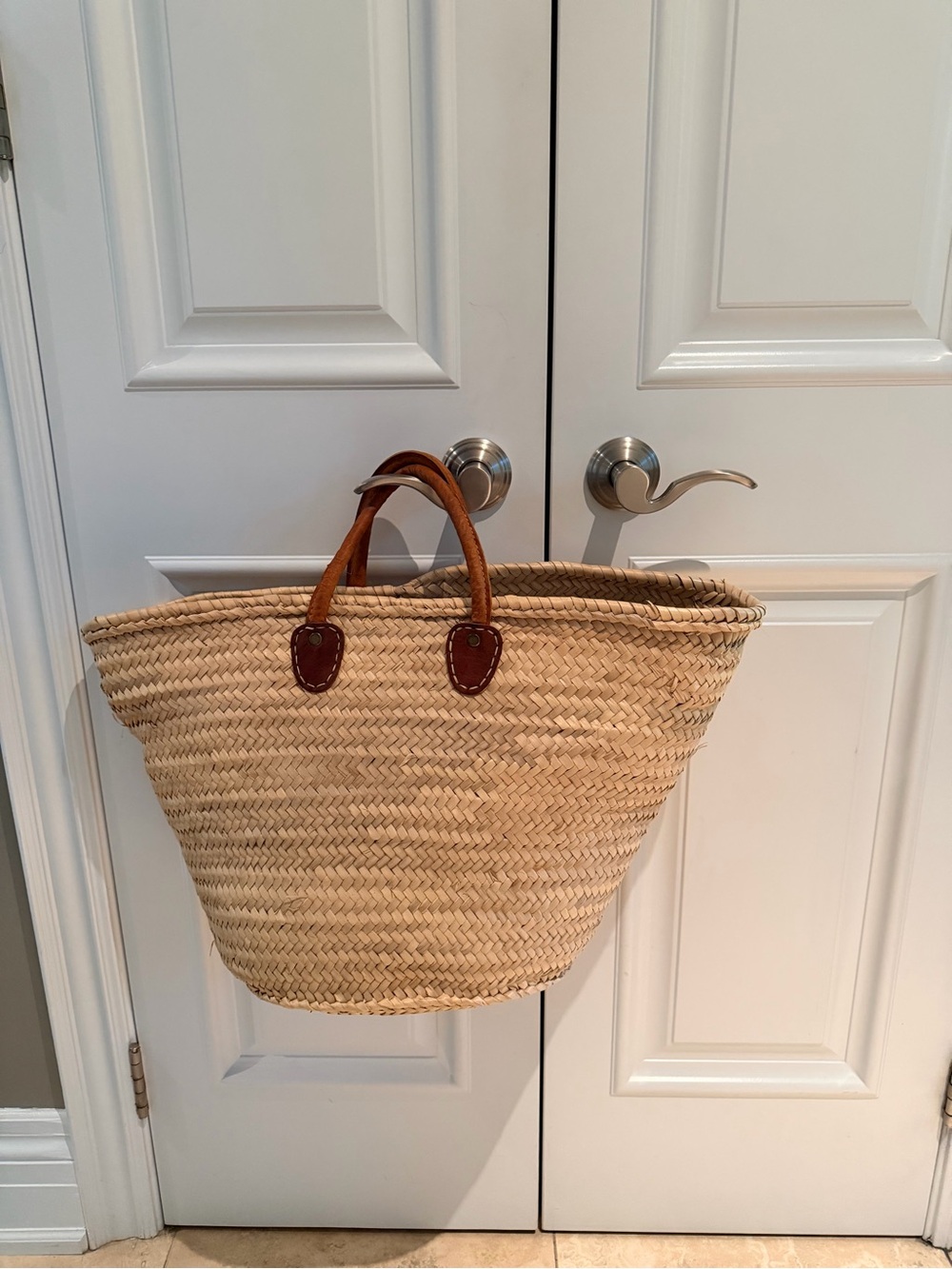 Handwoven Natural Straw Tote with Brown Leather Handles - Picture 2 of 4